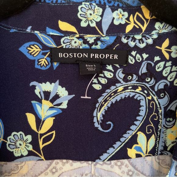 Boston Proper Border Print Flare Sleeve Blouse L Blue Paisley - Picture 3 of 6